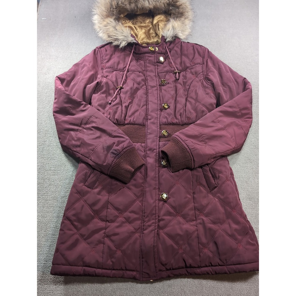 Rocawear Classic Womens Hooded M Coat Jacket Burgundy Branded Buttons Zipper Fur
